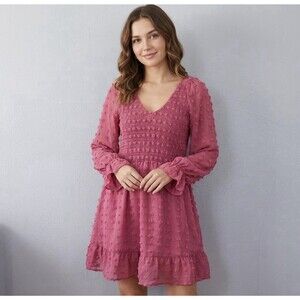 BTFBM Women's Dress Boho XL Pastel Pink Short V-Neck Ruched Neck Textured Flowy